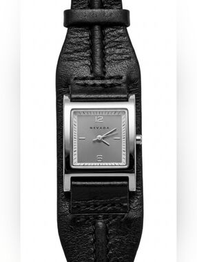 NEVADA Square Dial Silver Case Black Leather Bund Strap Cuff Watch Gorpcore Punk
